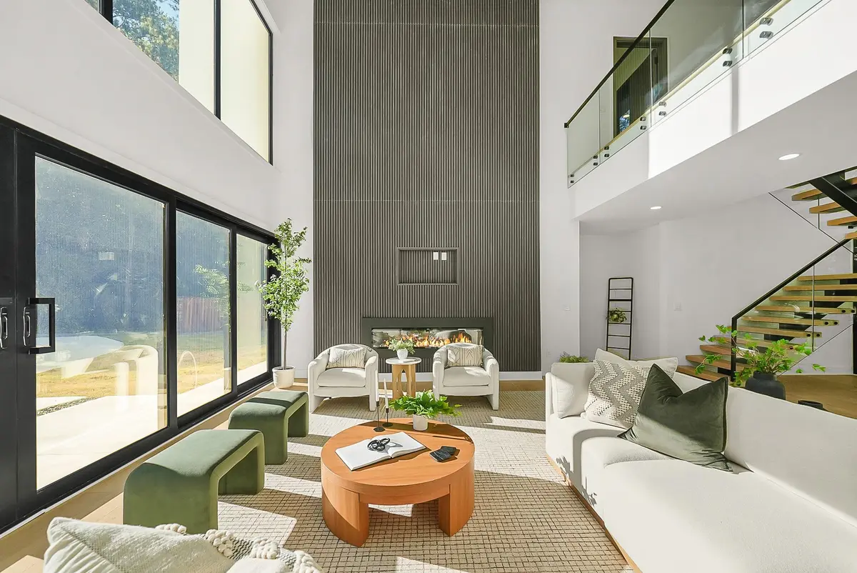 Living room with slatted feature wall