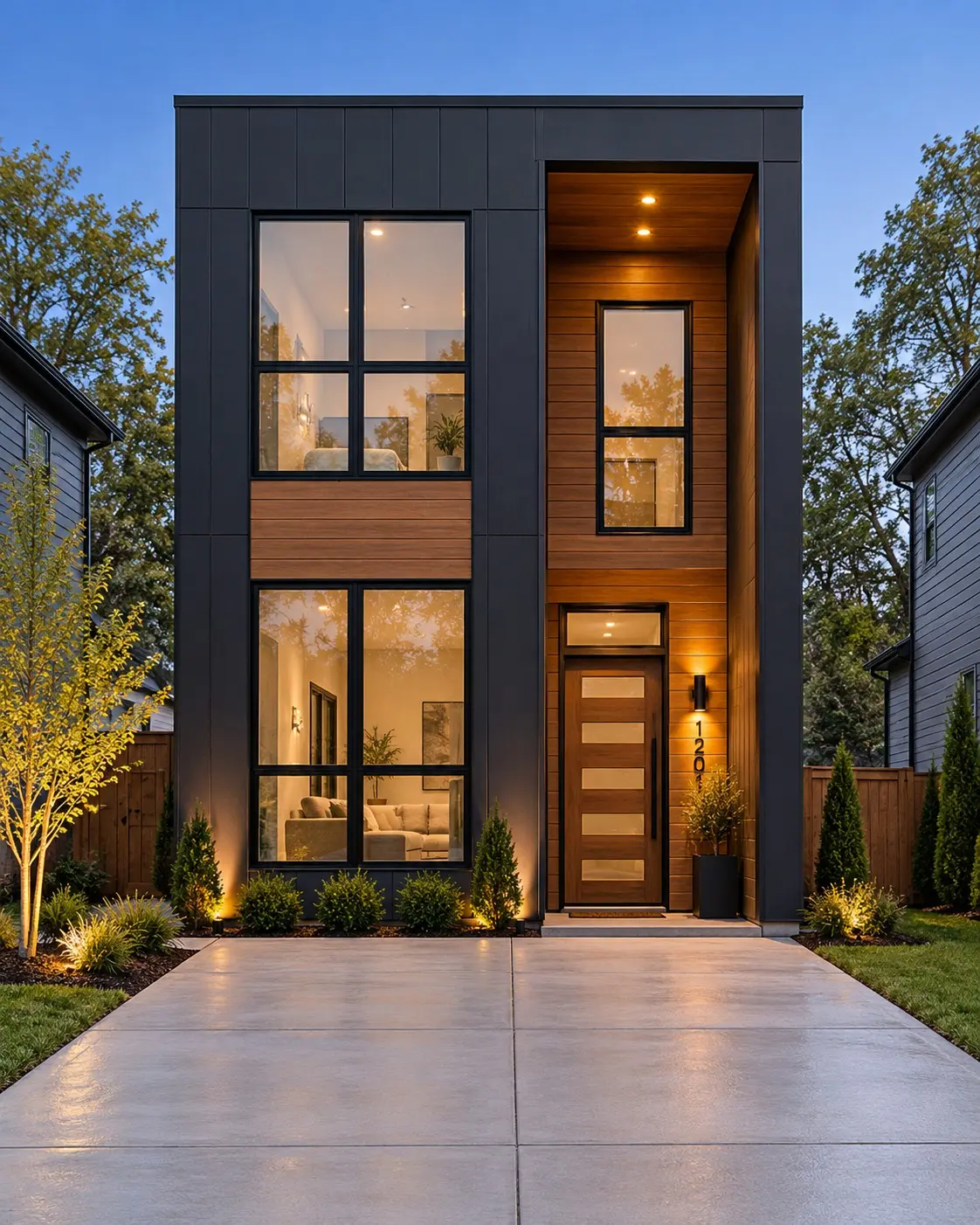 Rendering of Capital View Modern, a narrow flat-roof modern home with a wood-clad entry
