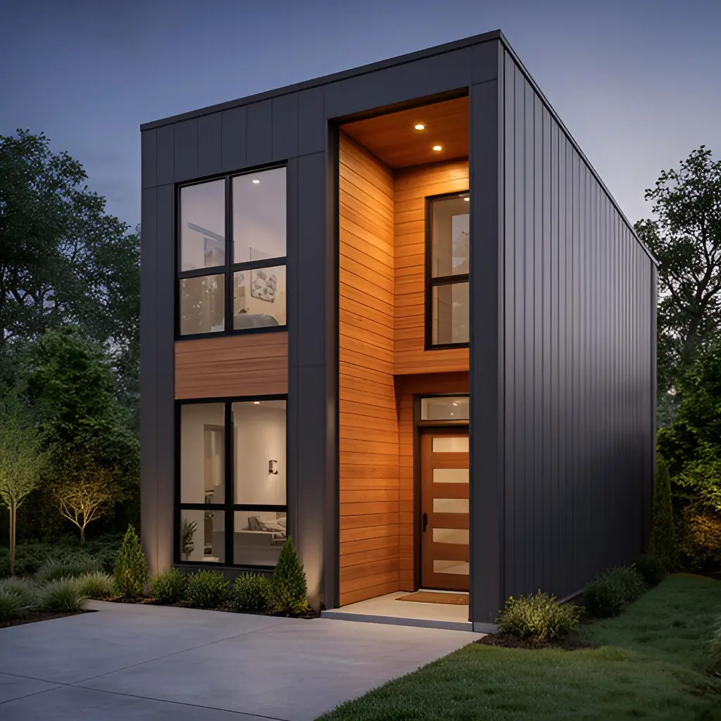 Rendering: corner view showing the side elevation