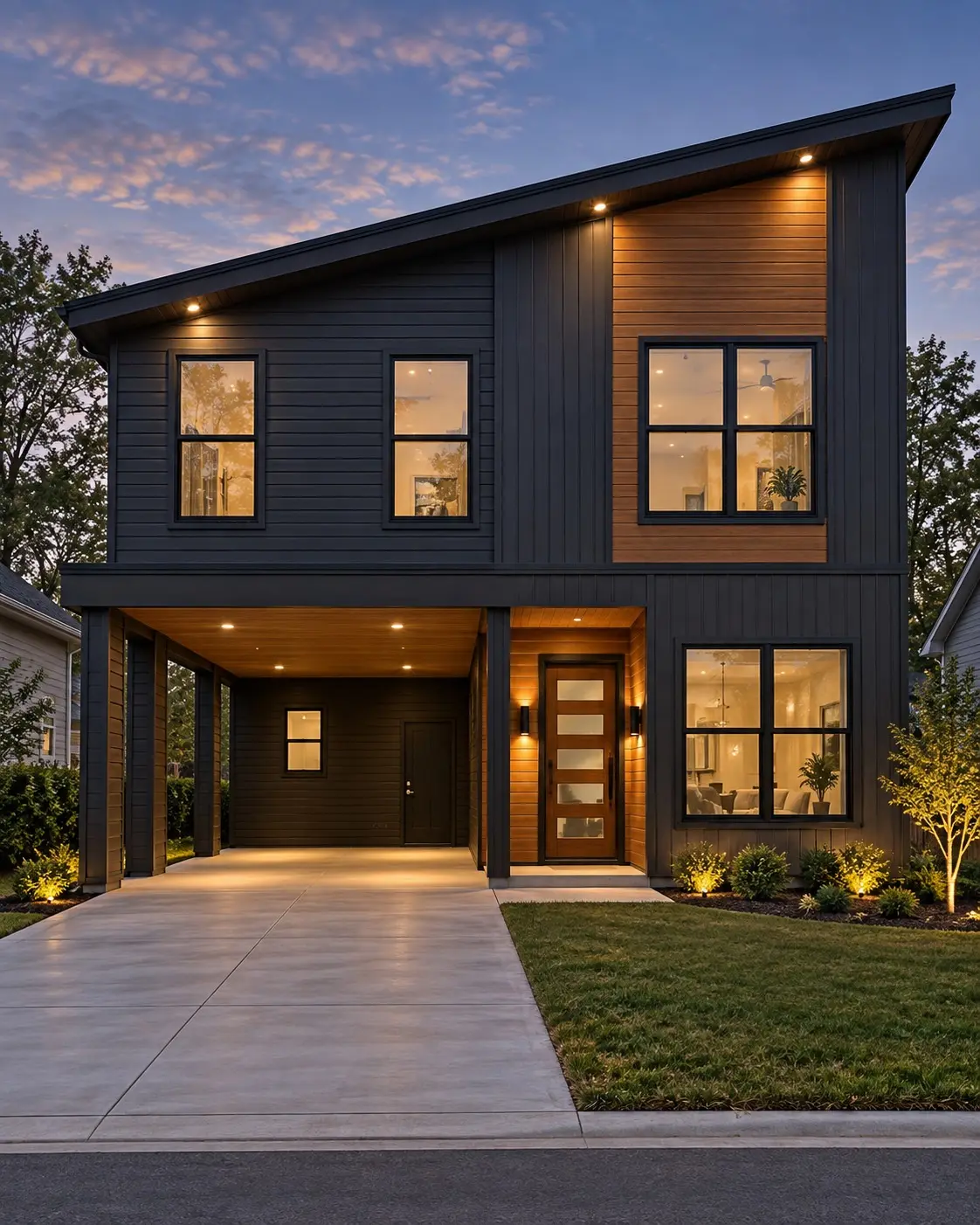 Rendering of Prince George's Reserve, a two-story modern home with a carport and cedar accents