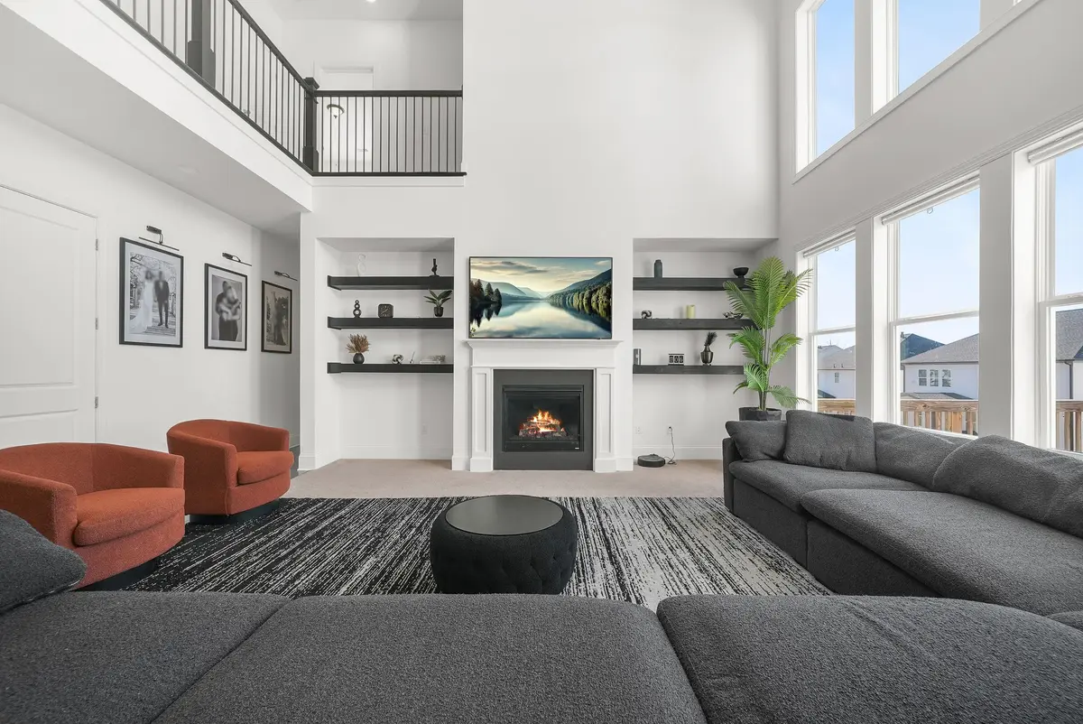 Family room with fireplace and built-in shelving